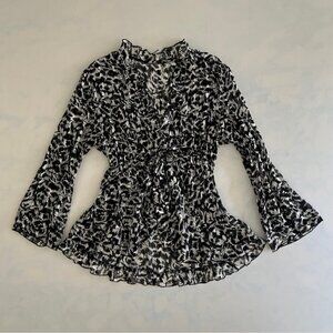 Notations Vintage Black & White Sheer Tie Front Long Sleeve Blouse